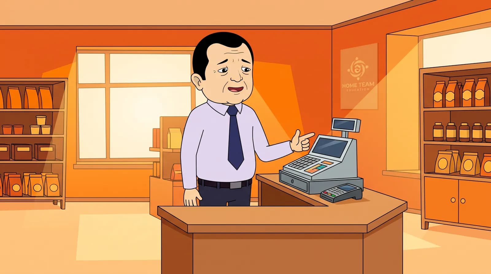 The Home Team Manager character behind a local store counter