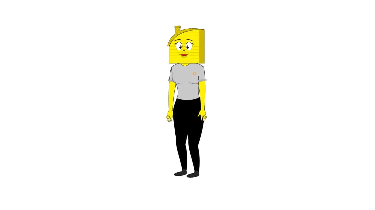 Mom, the yellow-house-head character with a shopping list and grocery bag