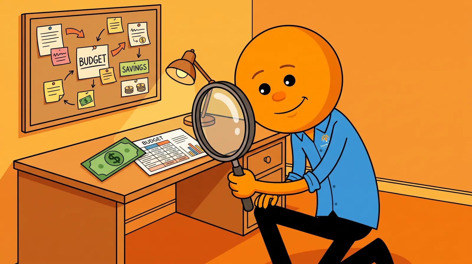 Mr. Seeks inspecting a budget with a magnifying glass