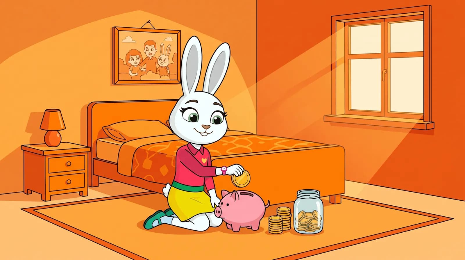 Penny dropping a coin into a piggy bank