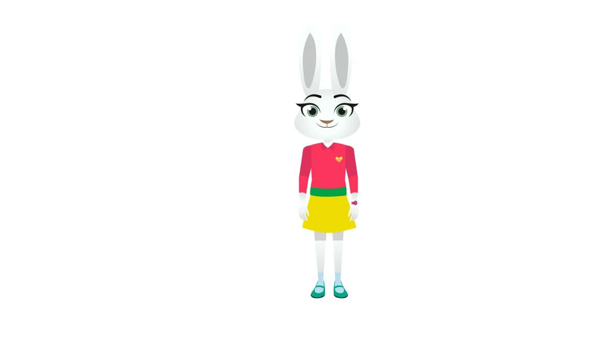 Penny, the rabbit character dropping a coin into a piggy bank