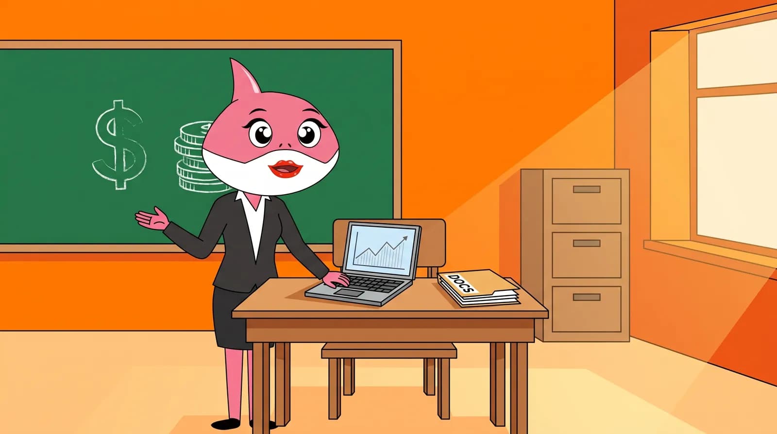 Susan the advisor at her desk with a rising chart